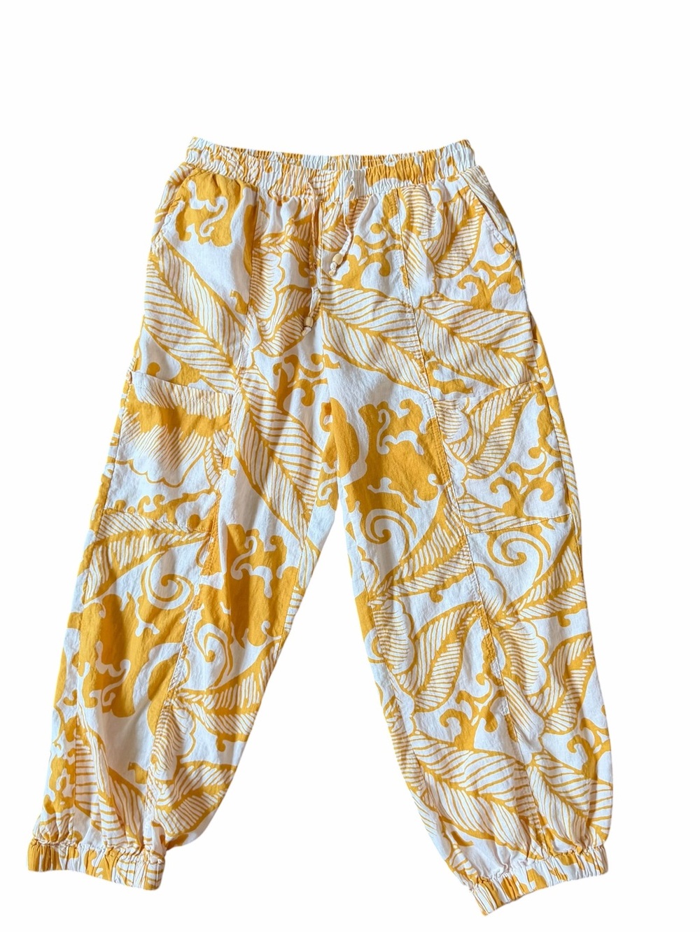 Haute Hippie Joggers Size Medium Yellow Linen Blend Tropical Pants Summer Lounge